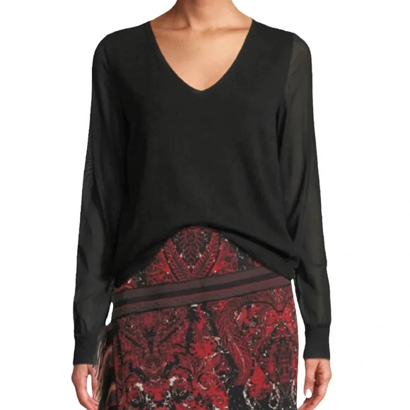 Fuzzi by Jean Paul Gaultier Sweater Sheer Sleeve V Neck Top Black Size XS NWT - Picture 10 of 10